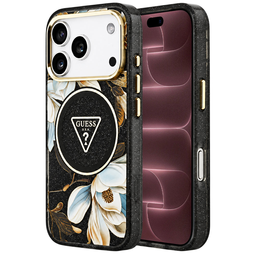 MagSafe maska za Apple iPhone 18 Pro Max / 17 Pro Max, Guess, IML Metal Glitter Flowers Triangle, crna