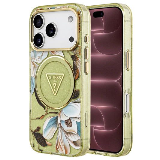 MagSafe maska za Apple iPhone 18 Pro Max / 17 Pro Max, Guess, IML Metal Glitter Flowers Triangle, zelena
