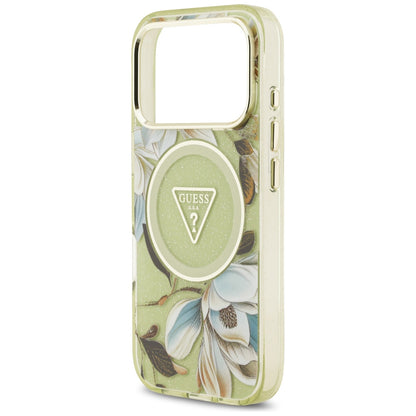 MagSafe maska za Apple iPhone 18 Pro Max / 17 Pro Max, Guess, IML Metal Glitter Flowers Triangle, zelena