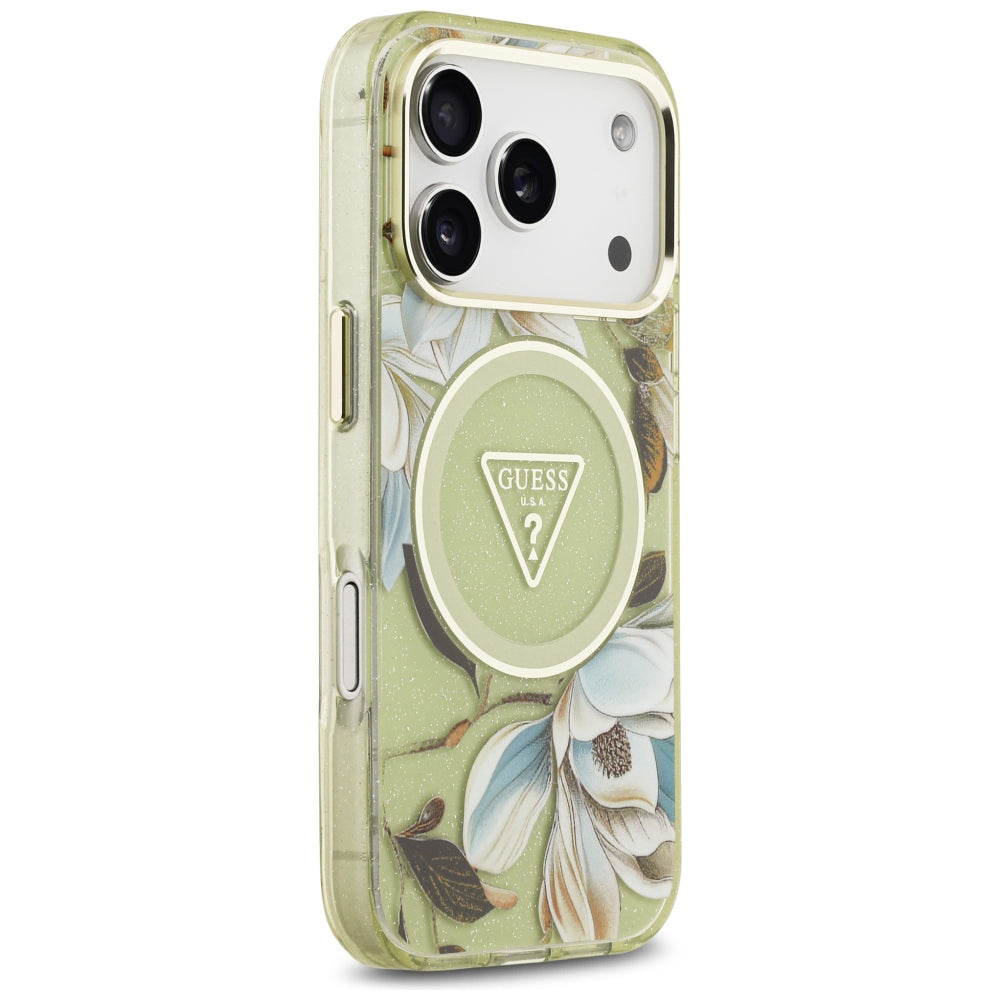 MagSafe maska za Apple iPhone 18 Pro Max / 17 Pro Max, Guess, IML Metal Glitter Flowers Triangle, zelena