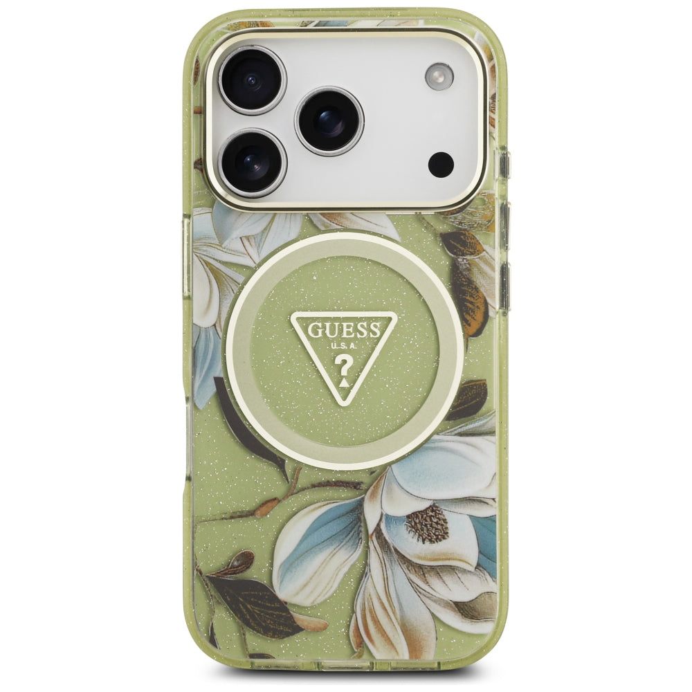 MagSafe maska za Apple iPhone 18 Pro Max / 17 Pro Max, Guess, IML Metal Glitter Flowers Triangle, zelena