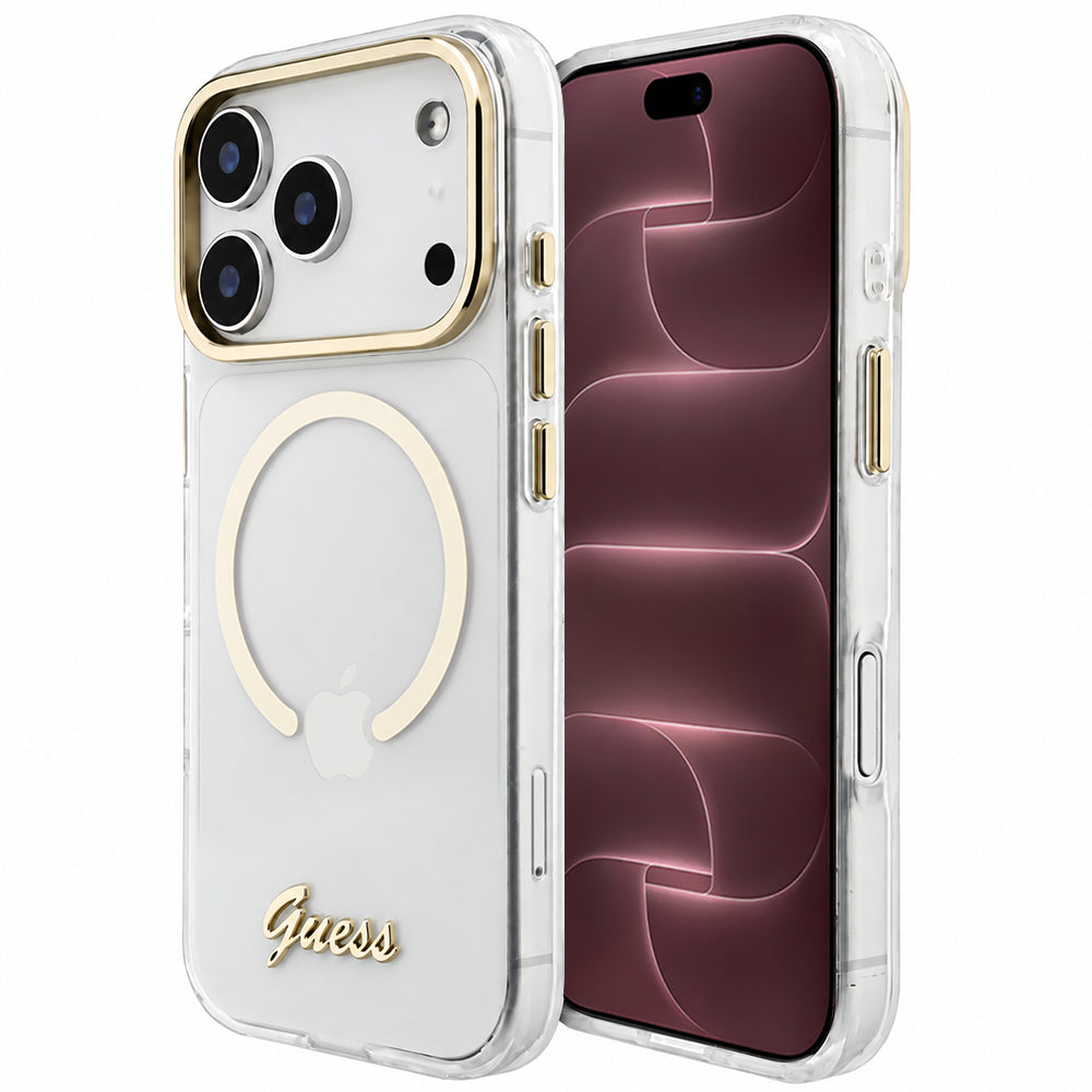 MagSafe maska za Apple iPhone 18 Pro Max / 17 Pro Max, Guess, IML Script Metal, prozirna