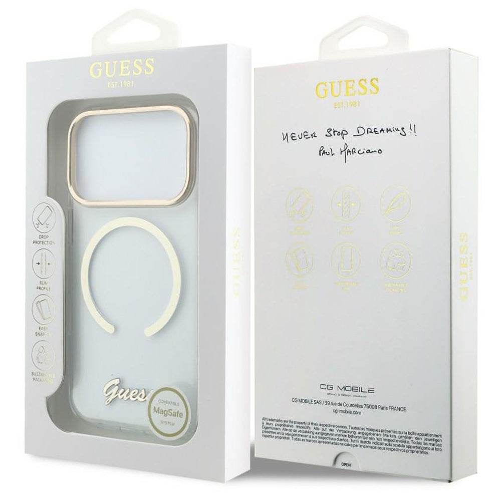MagSafe maska za Apple iPhone 18 Pro Max / 17 Pro Max, Guess, IML Script Metal, prozirna