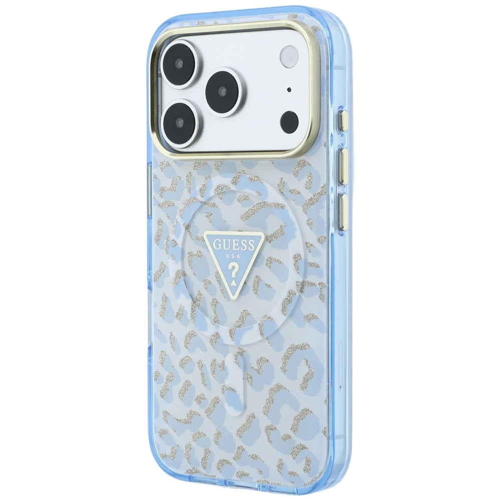 MagSafe maska za Apple iPhone 18 Pro Max / 17 Pro Max, Guess, Leopard Glitter Triangle Logo, Plava