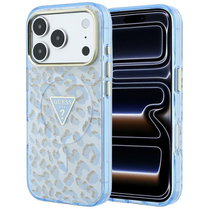 MagSafe maska za Apple iPhone 18 Pro Max / 17 Pro Max, Guess, Leopard Glitter Triangle Logo, Plava