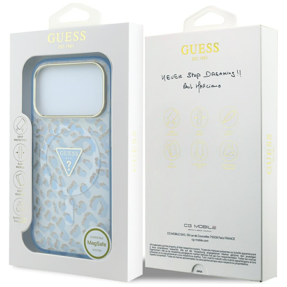 MagSafe maska za Apple iPhone 18 Pro Max / 17 Pro Max, Guess, Leopard Glitter Triangle Logo, Plava