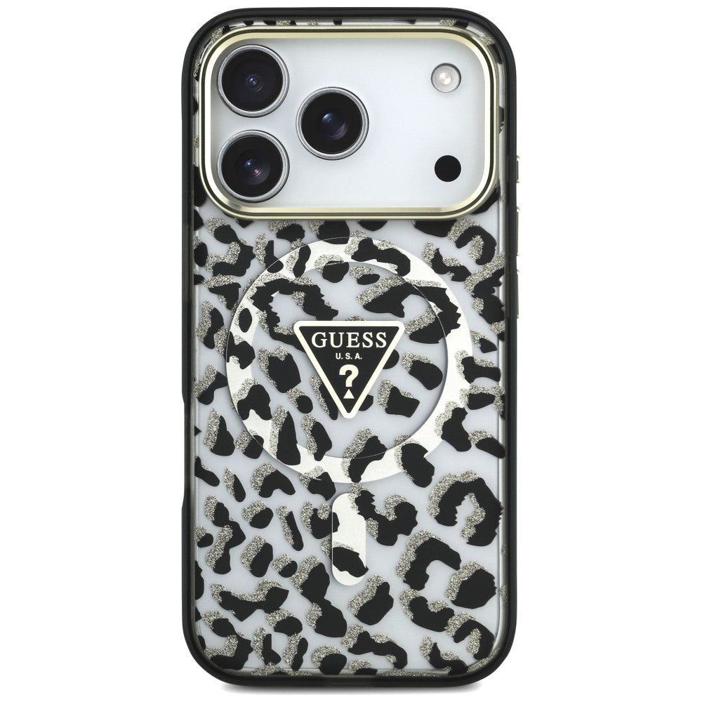 MagSafe maska za Apple iPhone 18 Pro Max / 17 Pro Max, Guess, Leopard Glitter Triangle Logo, Crna