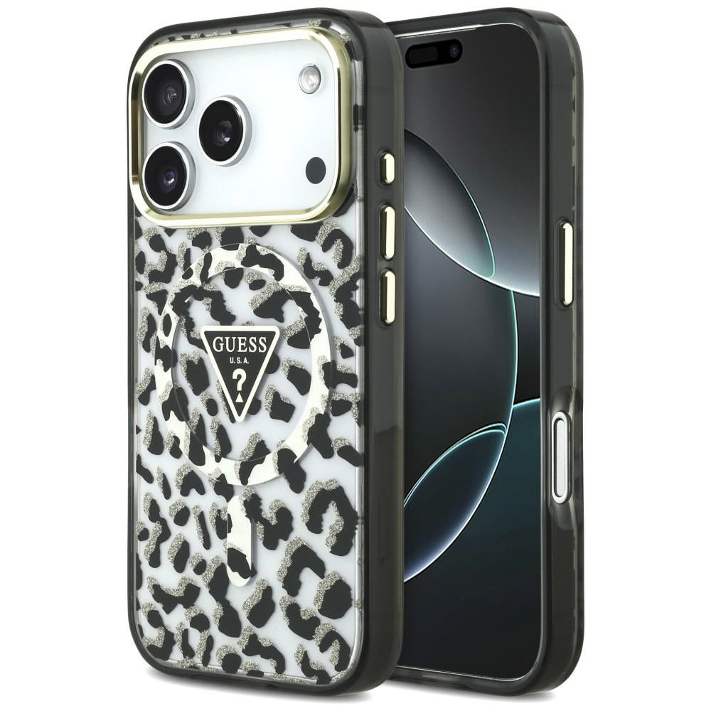 MagSafe maska za Apple iPhone 18 Pro Max / 17 Pro Max, Guess, Leopard Glitter Triangle Logo, Crna