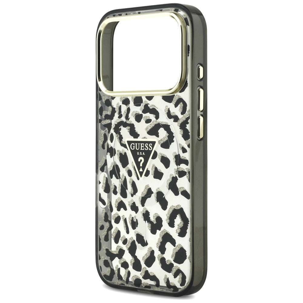 MagSafe maska za Apple iPhone 18 Pro Max / 17 Pro Max, Guess, Leopard Glitter Triangle Logo, Crna
