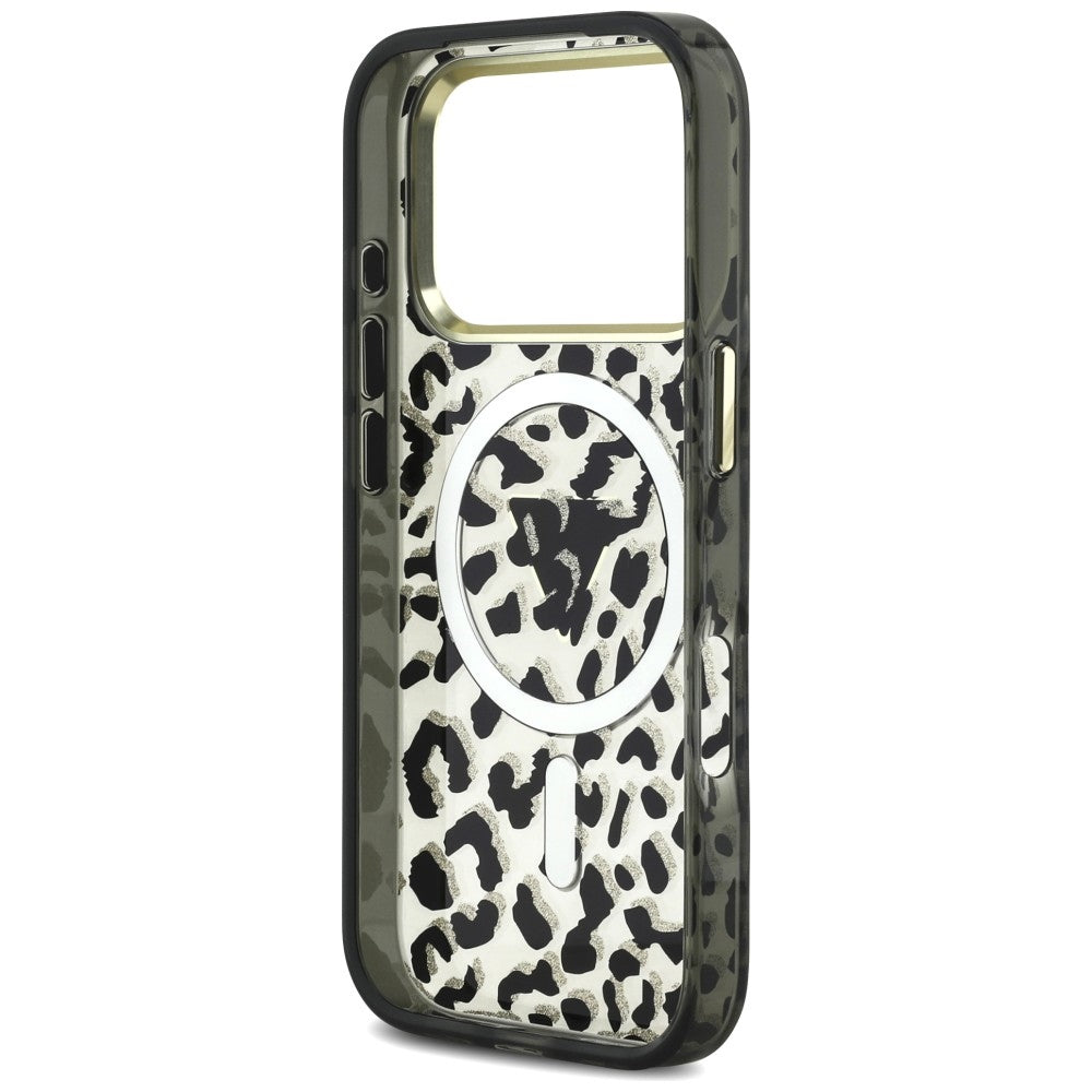 MagSafe maska za Apple iPhone 18 Pro Max / 17 Pro Max, Guess, Leopard Glitter Triangle Logo, Crna
