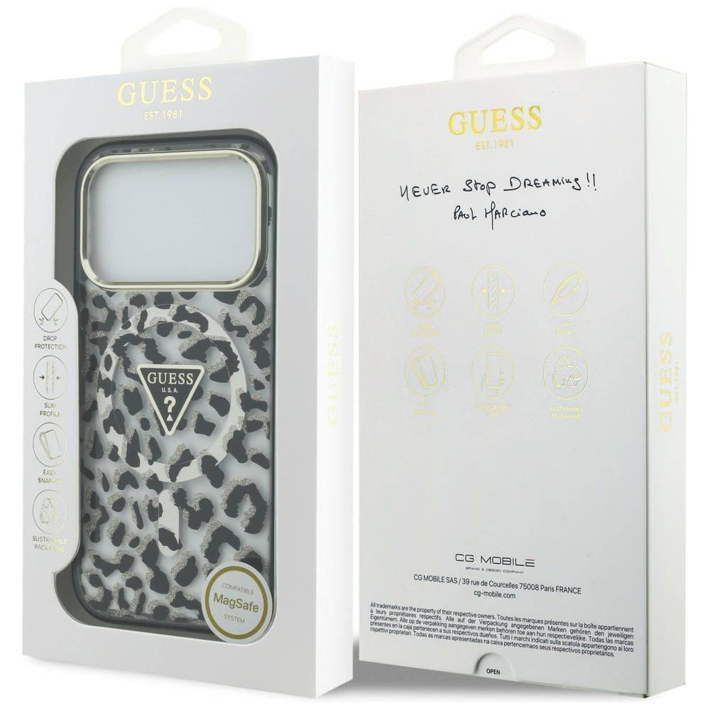 MagSafe maska za Apple iPhone 18 Pro Max / 17 Pro Max, Guess, Leopard Glitter Triangle Logo, Crna