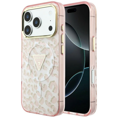 MagSafe maska za Apple iPhone 18 Pro Max / 17 Pro Max, Guess, Leopard Glitter Triangle Logo, Roza