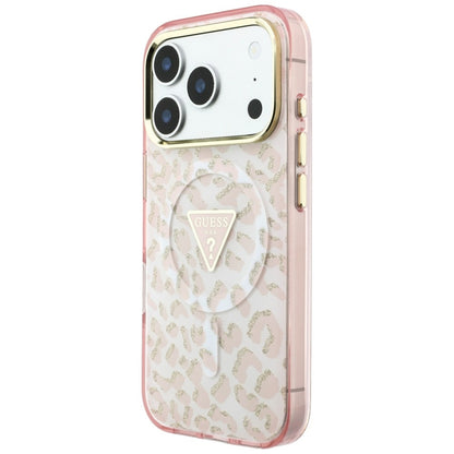 MagSafe maska za Apple iPhone 18 Pro Max / 17 Pro Max, Guess, Leopard Glitter Triangle Logo, Roza