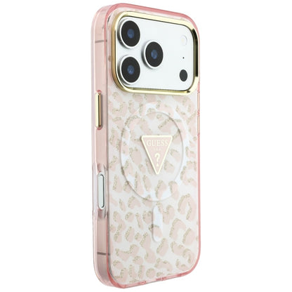 MagSafe maska za Apple iPhone 18 Pro Max / 17 Pro Max, Guess, Leopard Glitter Triangle Logo, Roza