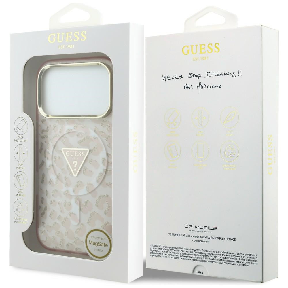 MagSafe maska za Apple iPhone 18 Pro Max / 17 Pro Max, Guess, Leopard Glitter Triangle Logo, Roza