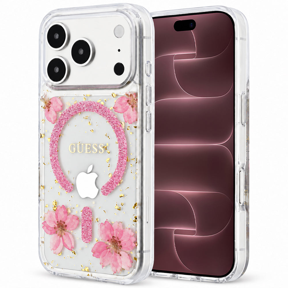 MagSafe maskica za Apple iPhone 18 Pro Max / 17 Pro Max, Guess, Resin Flowers and Glitter, ružičasta