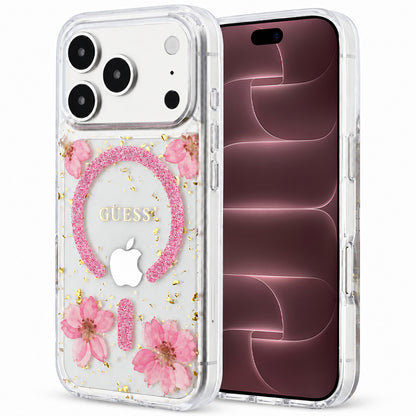 MagSafe maskica za Apple iPhone 18 Pro Max / 17 Pro Max, Guess, Resin Flowers and Glitter, ružičasta