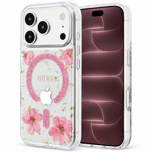 MagSafe maskica za Apple iPhone 18 Pro Max / 17 Pro Max, Guess, Resin Flowers and Glitter, ružičasta