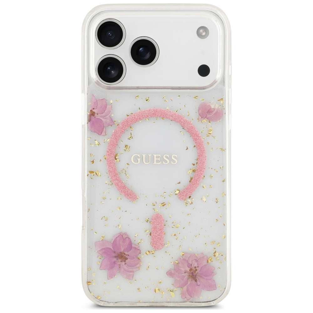 MagSafe maskica za Apple iPhone 18 Pro Max / 17 Pro Max, Guess, Resin Flowers and Glitter, ružičasta