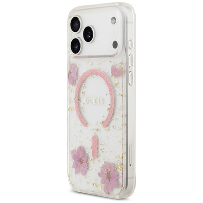 MagSafe maskica za Apple iPhone 18 Pro Max / 17 Pro Max, Guess, Resin Flowers and Glitter, ružičasta