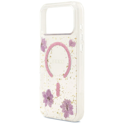 MagSafe maskica za Apple iPhone 18 Pro Max / 17 Pro Max, Guess, Resin Flowers and Glitter, ružičasta
