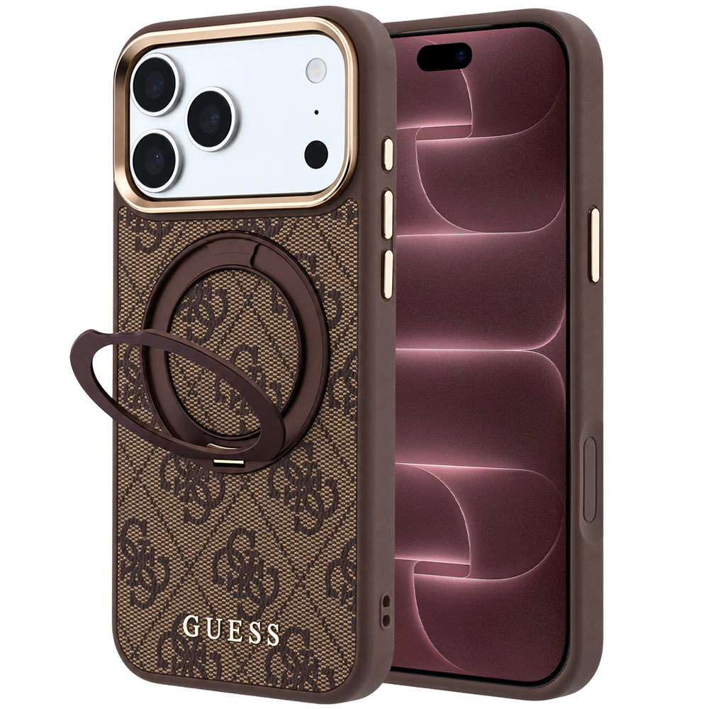 MagSafe maska za Apple iPhone 18 Pro Max / 17 Pro Max, Guess, Ring Stand 360 4G Classic Logo, Smeđa