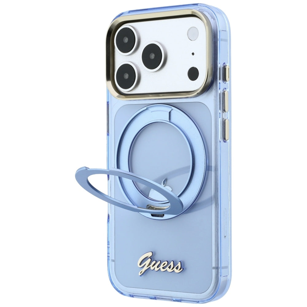 MagSafe maska za Apple iPhone 18 Pro Max / 17 Pro Max, Guess, Ring Stand Script Metal Logo, Plava