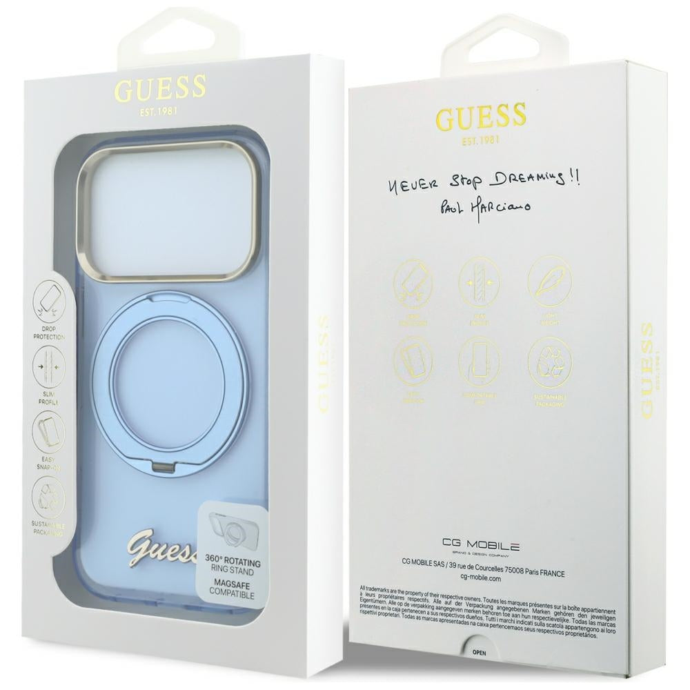 MagSafe maska za Apple iPhone 18 Pro Max / 17 Pro Max, Guess, Ring Stand Script Metal Logo, Plava