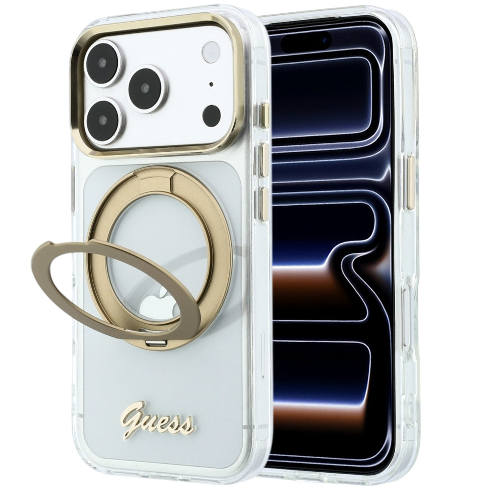 MagSafe maska za Apple iPhone 18 Pro Max / 17 Pro Max, Guess, Ring Stand Script Metal Logo, Prozirna