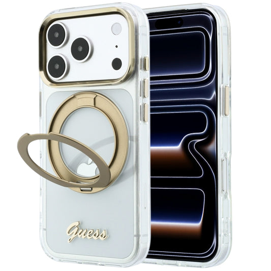 MagSafe maska za Apple iPhone 18 Pro Max / 17 Pro Max, Guess, Ring Stand Script Metal Logo, Prozirna