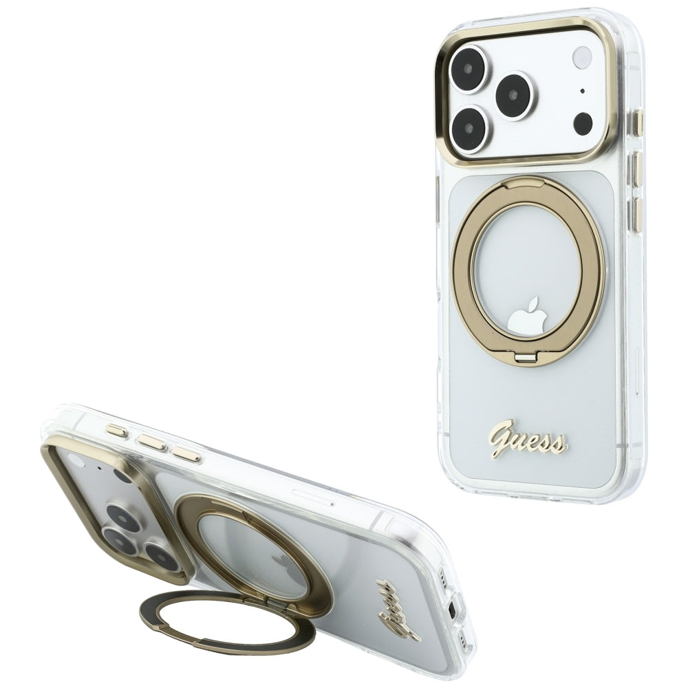 MagSafe maska za Apple iPhone 18 Pro Max / 17 Pro Max, Guess, Ring Stand Script Metal Logo, Prozirna