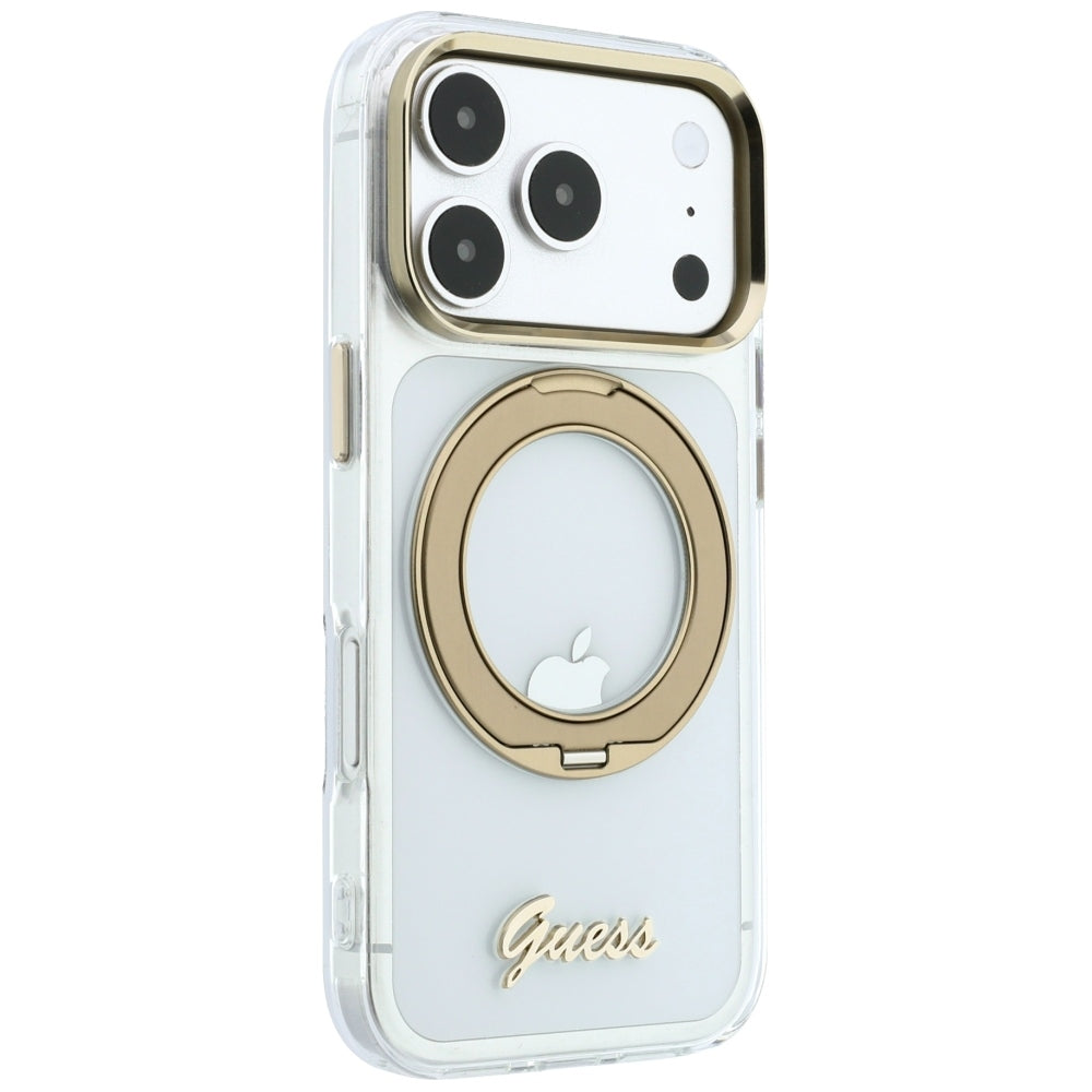 MagSafe maska za Apple iPhone 18 Pro Max / 17 Pro Max, Guess, Ring Stand Script Metal Logo, Prozirna