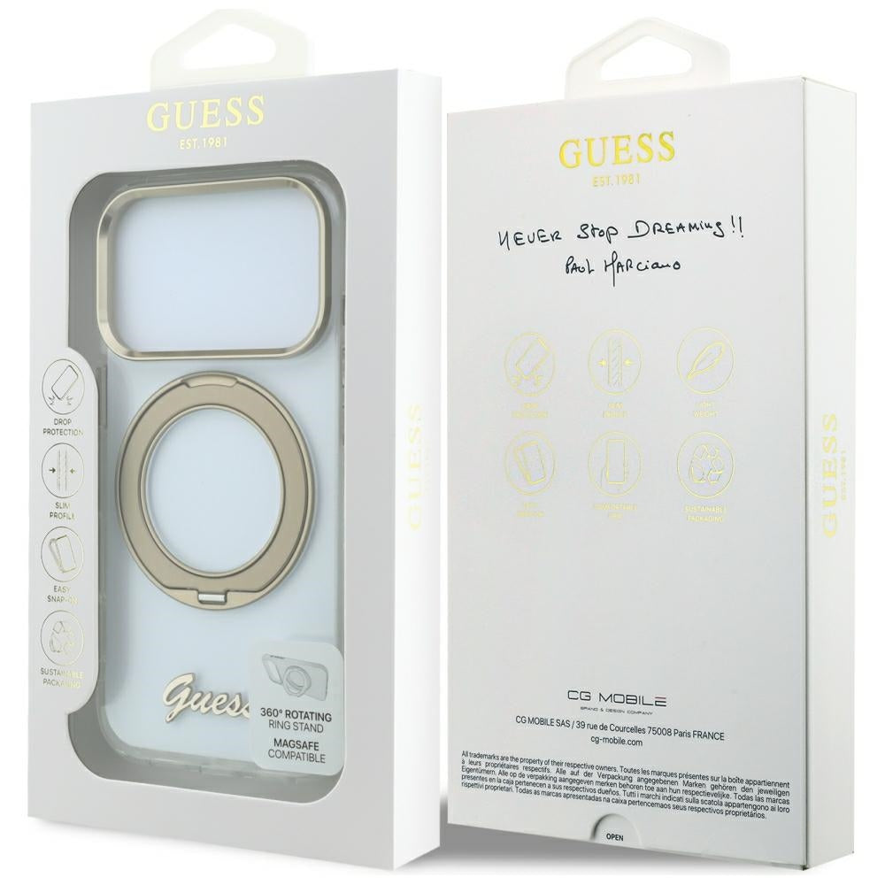 MagSafe maska za Apple iPhone 18 Pro Max / 17 Pro Max, Guess, Ring Stand Script Metal Logo, Prozirna