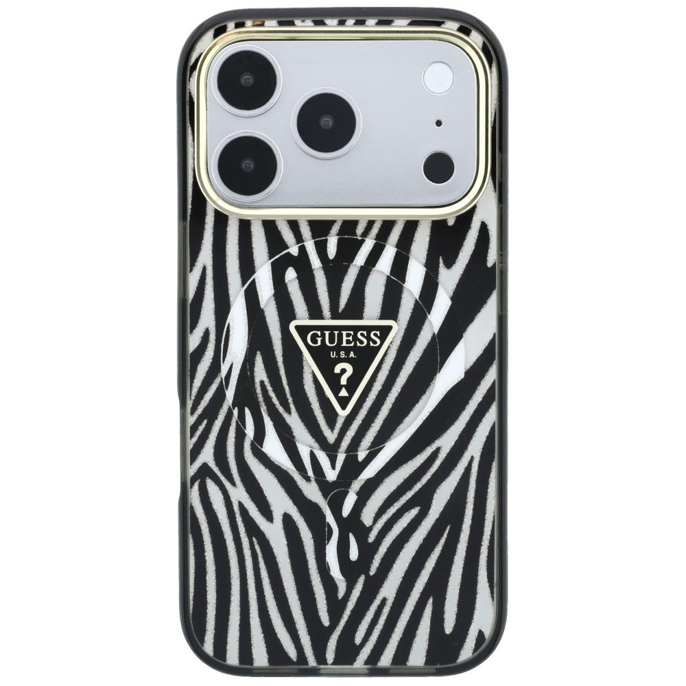 MagSafe maska za Apple iPhone 18 Pro Max / 17 Pro Max, Guess, Zebra Glitter Triangle Logo, Srebrna