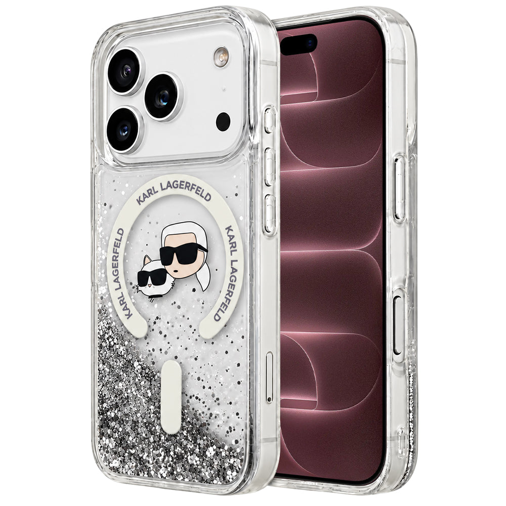 MagSafe maska za Apple iPhone 18 Pro Max / 17 Pro Max, Karl Lagerfeld, Liquid Glitter Karl & Choupette Head's, Prozirna