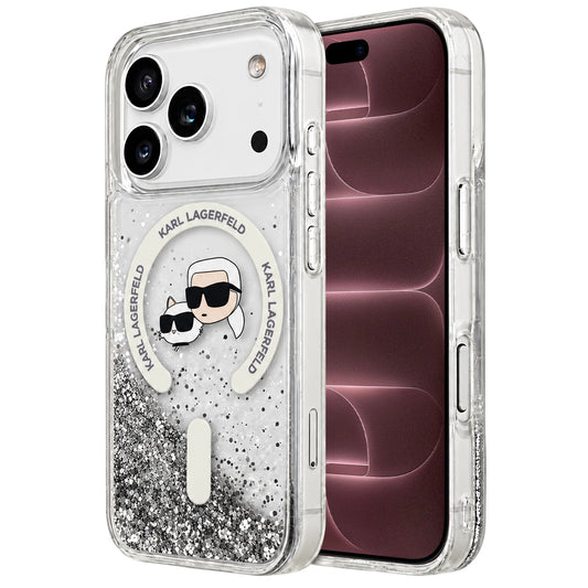 MagSafe maska za Apple iPhone 18 Pro Max / 17 Pro Max, Karl Lagerfeld, Liquid Glitter Karl & Choupette Head's, Prozirna