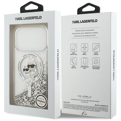 MagSafe maska za Apple iPhone 18 Pro Max / 17 Pro Max, Karl Lagerfeld, Liquid Glitter Karl & Choupette Head's, Prozirna