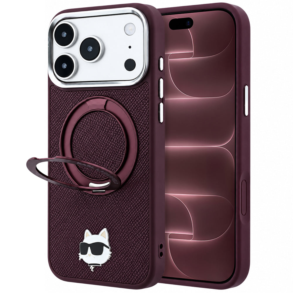 MagSafe futrola za Apple iPhone 18 Pro Max / 17 Pro Max, Karl Lagerfeld, Saffiano Ring Stand 360 Choupette Pin, Bordo