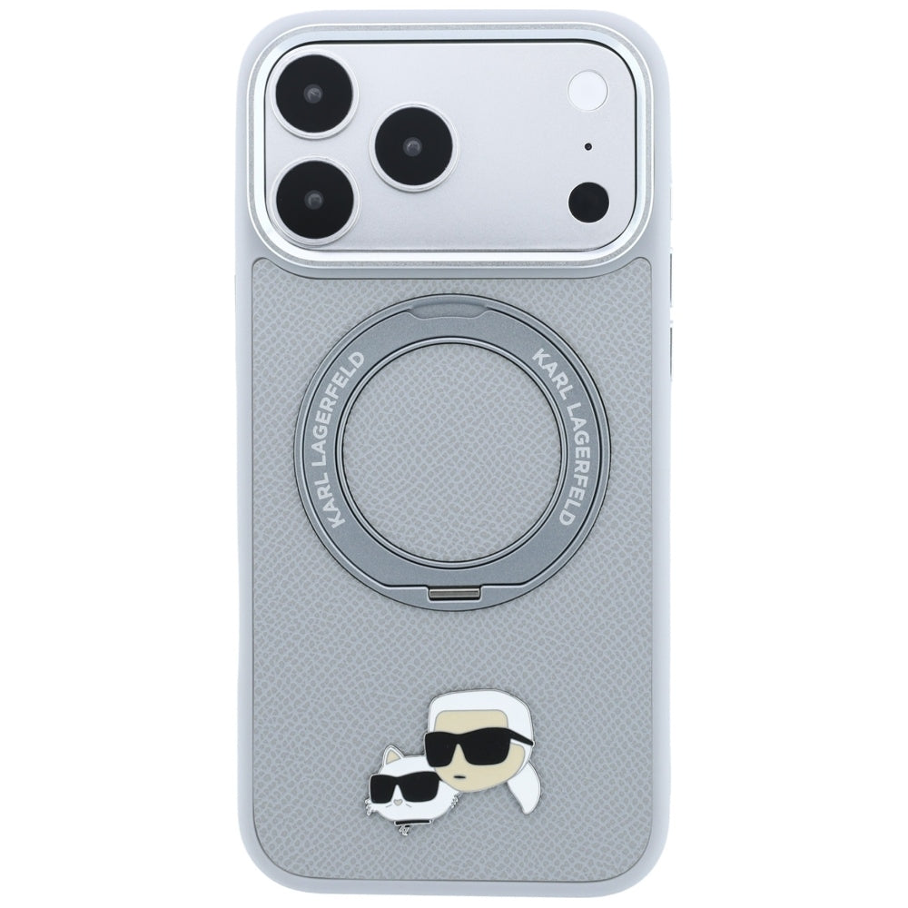 MagSafe maska za Apple iPhone 18 Pro Max / 17 Pro Max, Karl Lagerfeld, Ring Stand 360 Karl & Choupette Pin, siva