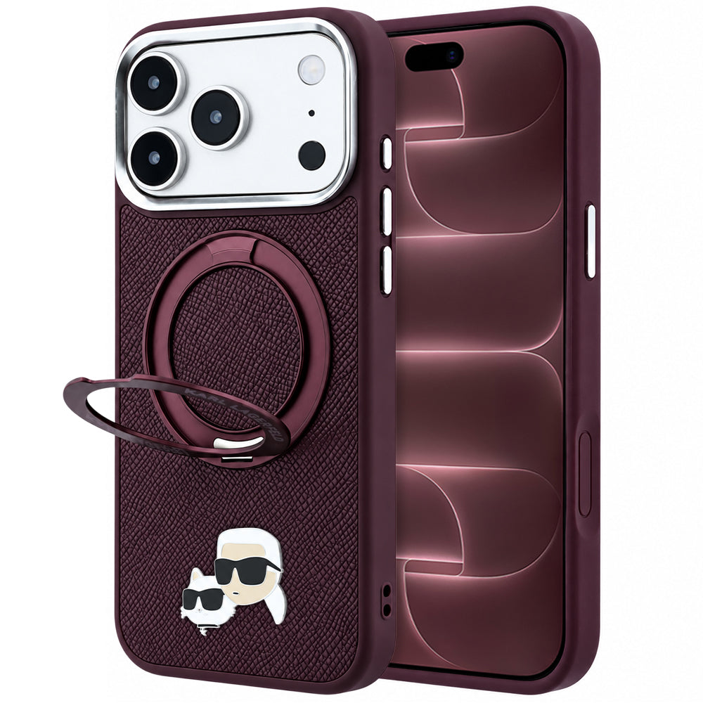 MagSafe maska za Apple iPhone 18 Pro Max / 17 Pro Max, Karl Lagerfeld, Ring Stand 360 Karl & Choupette Pin, boje višnje