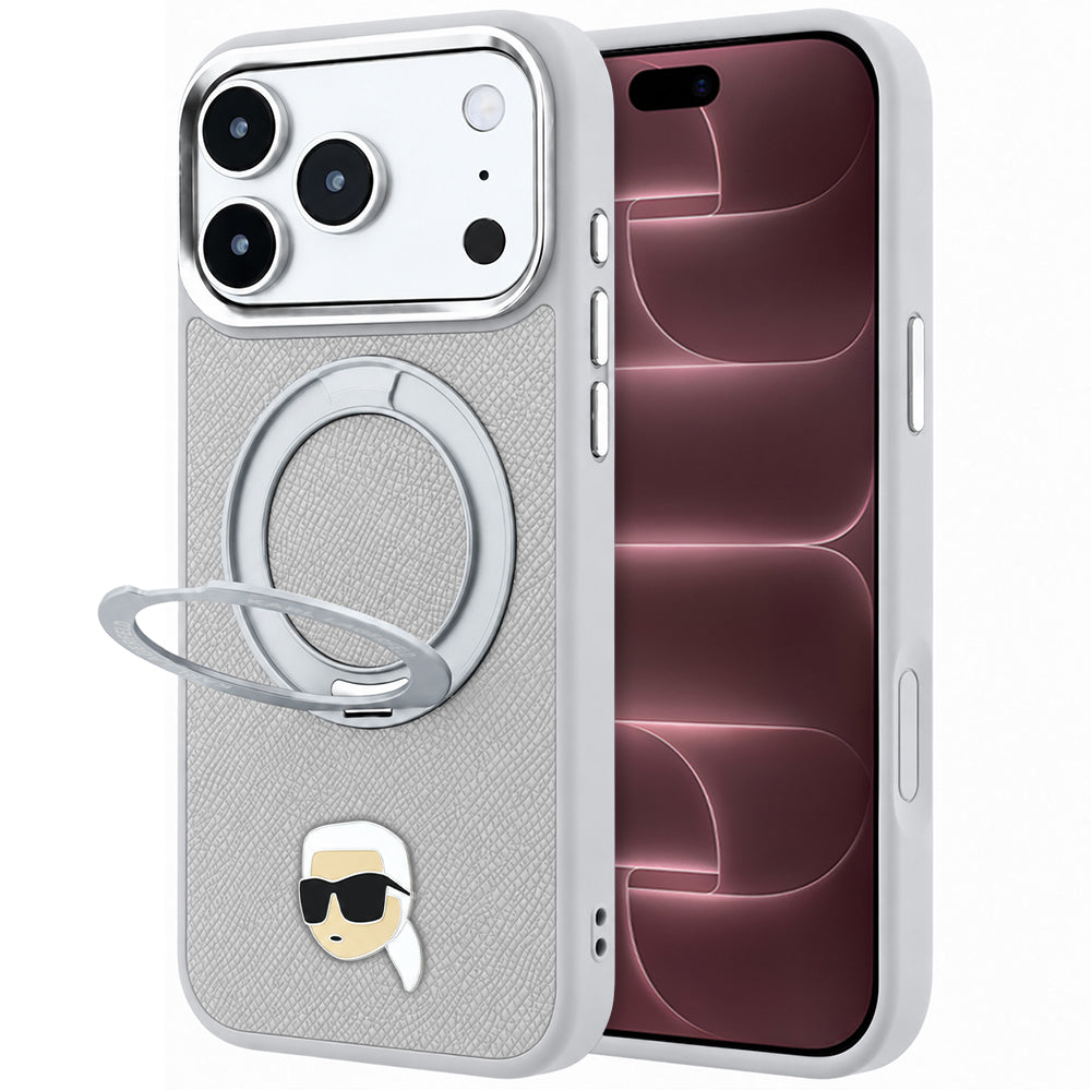 MagSafe maska za Apple iPhone 18 Pro Max / 17 Pro Max, Karl Lagerfeld, Ring Stand 360 Karl Pin, siva