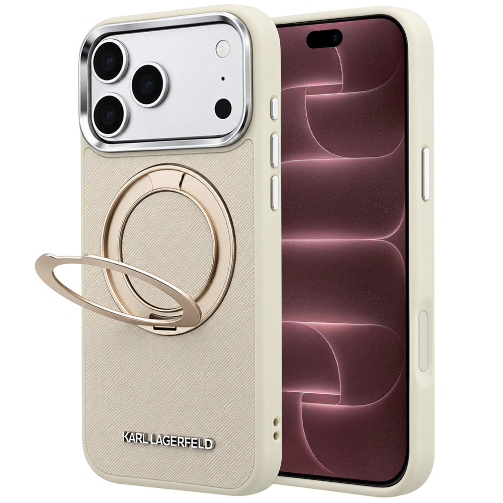 MagSafe maska za Apple iPhone 18 Pro Max / 17 Pro Max, Karl Lagerfeld, Ring Stand 360 Saffiano, bež boje