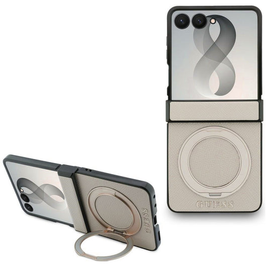 MagSafe maska za Samsung Galaxy Z Flip8 F776, Guess, Ring Stand Grained Classic Logo, Bež