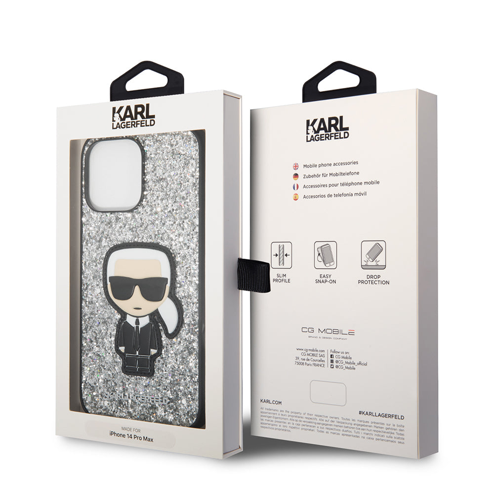 Futrola za Apple iPhone 14 Pro Max, Karl Lagerfeld, Glitter Flakes Ikonik Karl, Srebrna