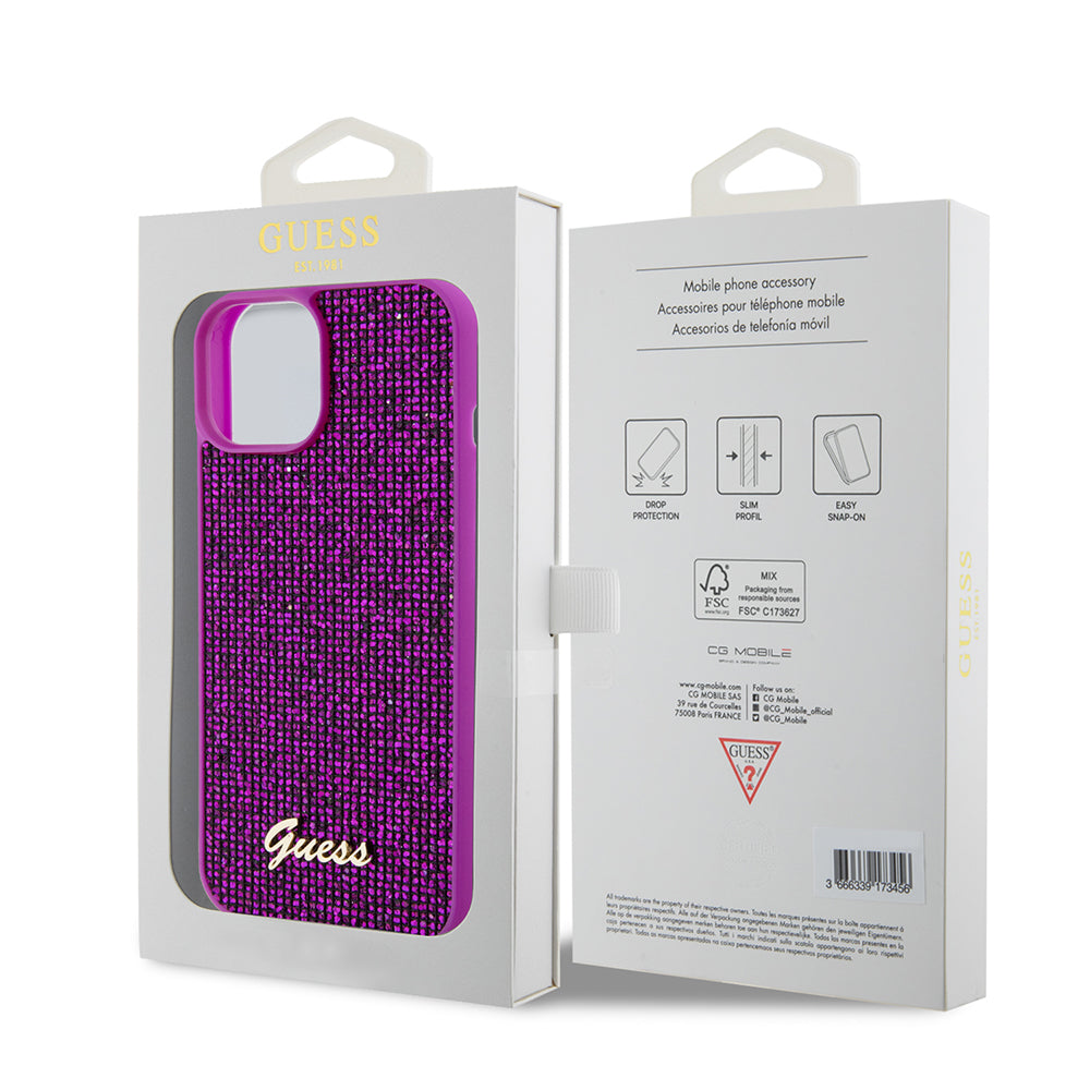 Futrola za Apple iPhone 15, Guess, Disco Metal Script, Fuksija