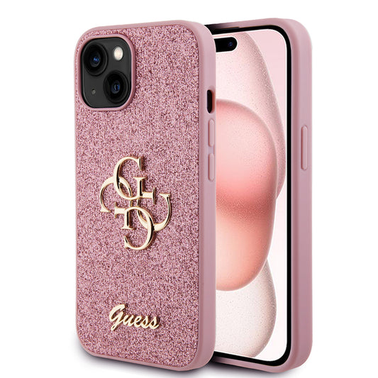 Futrola za Apple iPhone 15, Guess, Glitter Big 4G Script, Roza