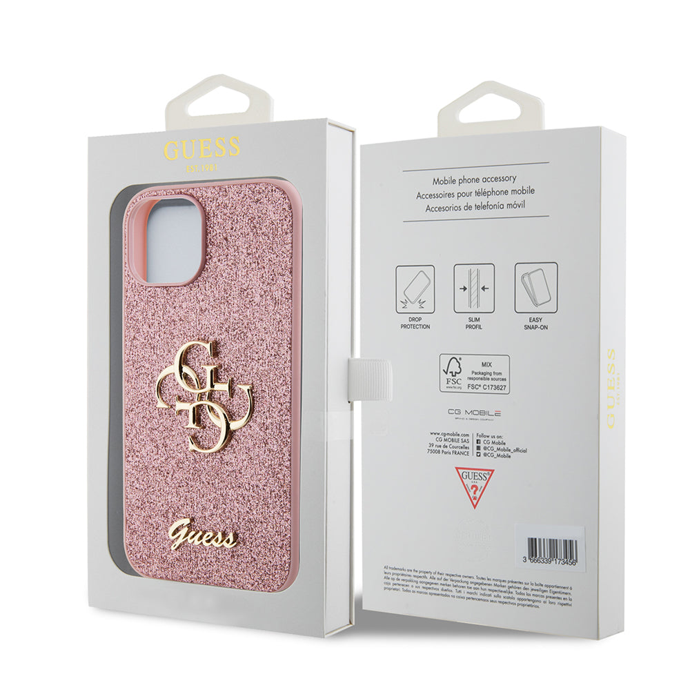Futrola za Apple iPhone 15, Guess, Glitter Big 4G Script, Roza