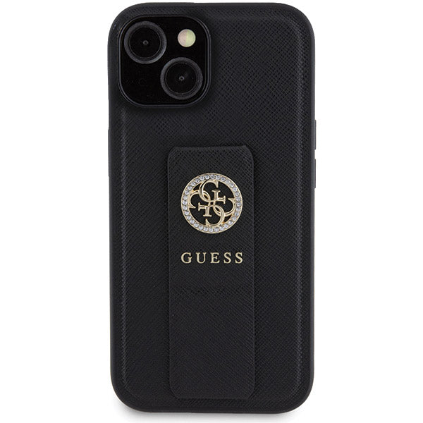 Futrola za Apple iPhone 15, Guess, Grip Stand 4G Saffiano Strass, Crna