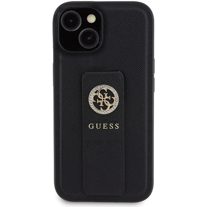 Futrola za Apple iPhone 15, Guess, Grip Stand 4G Saffiano Strass, Crna