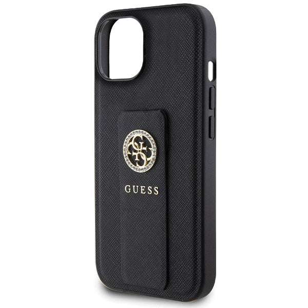 Futrola za Apple iPhone 15, Guess, Grip Stand 4G Saffiano Strass, Crna